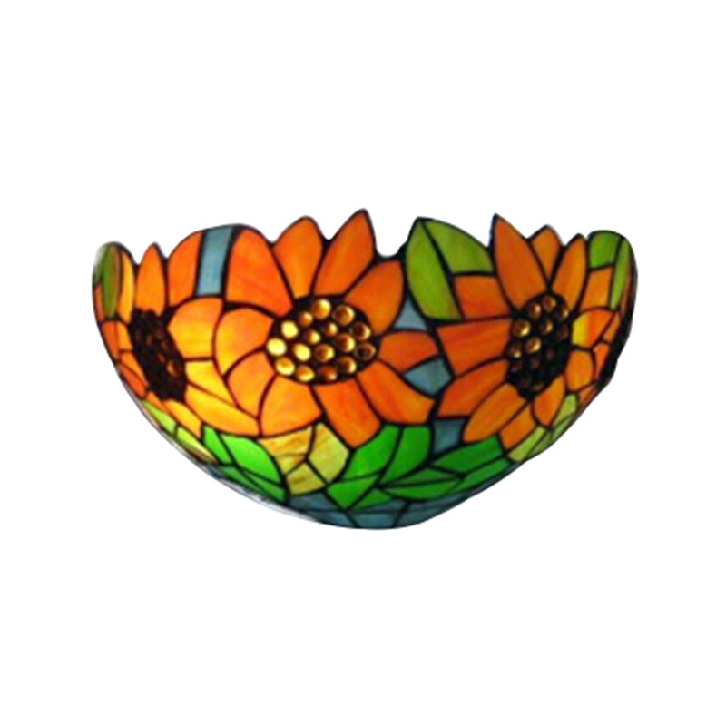 Rustic Tiffany Sunflower Wall Sconce With Stained Glass Bowl Shade