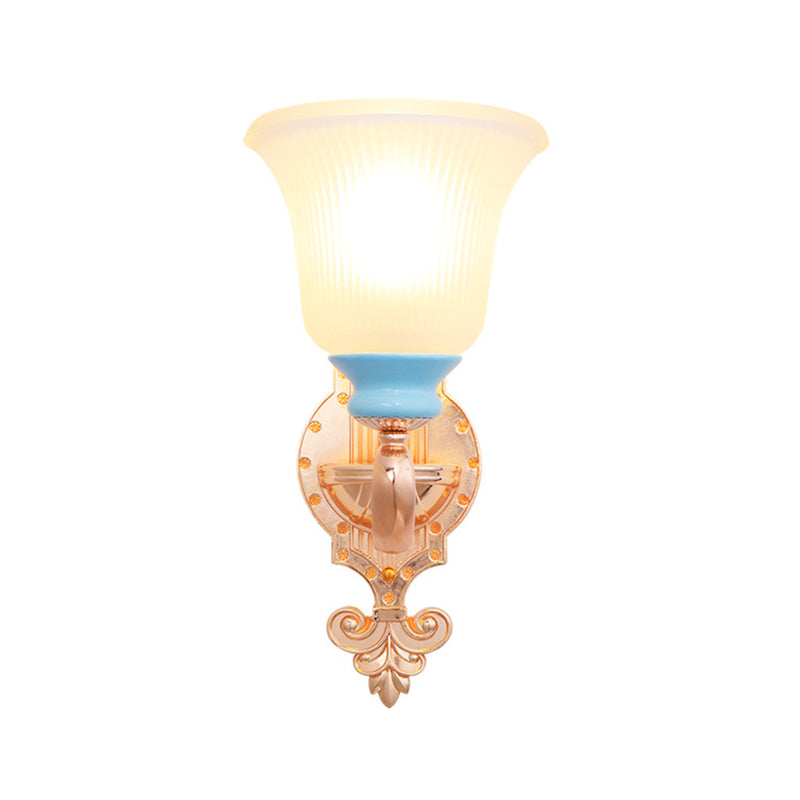 Vintage Swirled Arm Wall Light - Gold Metal Mounted Lighting With Frosted Ribbed Glass Shade