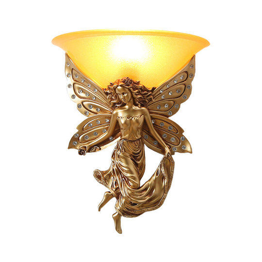 Country Half-Bowl Opal Glass Wall Sconce With Resin Angel - White/Gold