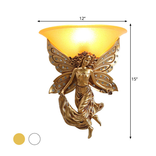 Country Half-Bowl Opal Glass Wall Sconce With Resin Angel - White/Gold