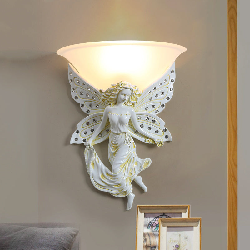 Country Half-Bowl Opal Glass Wall Sconce With Resin Angel - White/Gold