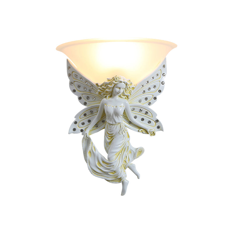 Country Half-Bowl Opal Glass Wall Sconce With Resin Angel - White/Gold