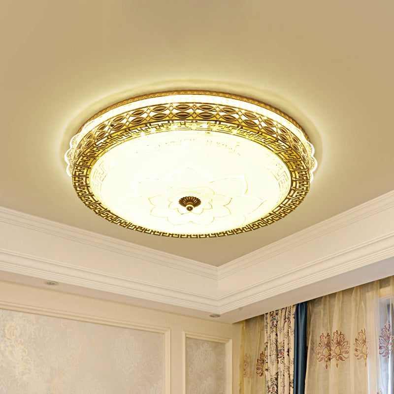 Opaline Glass Drum Flush Mount With Gold Led And Elegant Floral Pattern