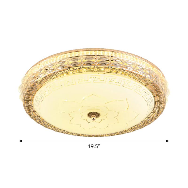 Opaline Glass Drum Flush Mount With Gold Led And Elegant Floral Pattern