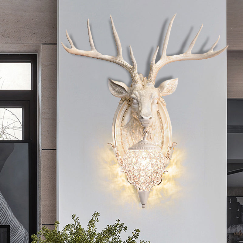 Deer Shaped Wall Mounted Light With Hand-Cut Crystal Shade - Cottage Style Sconce 1 Bulb Beige