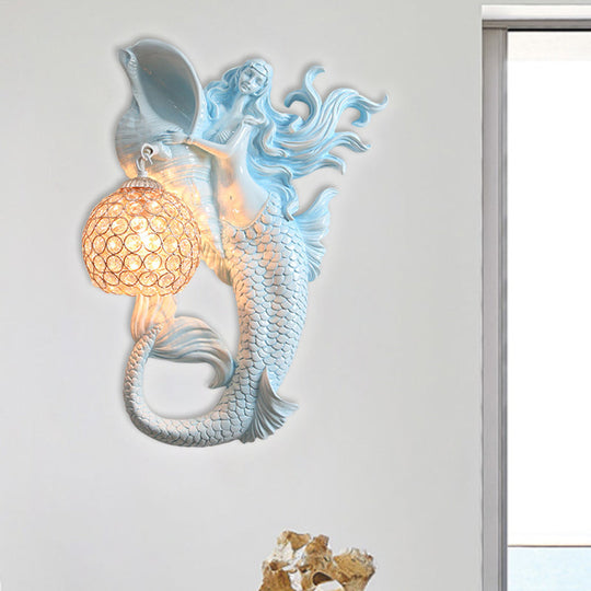 Farmhouse Sconce Light With Clear Beveled Crystal And Mermaid Design In Blue/Gold - Wall Mounted