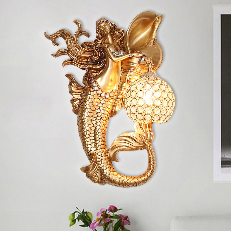 Farmhouse Sconce Light With Clear Beveled Crystal And Mermaid Design In Blue/Gold - Wall Mounted