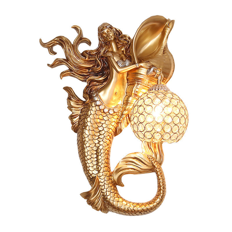 Farmhouse Sconce Light With Clear Beveled Crystal And Mermaid Design In Blue/Gold - Wall Mounted