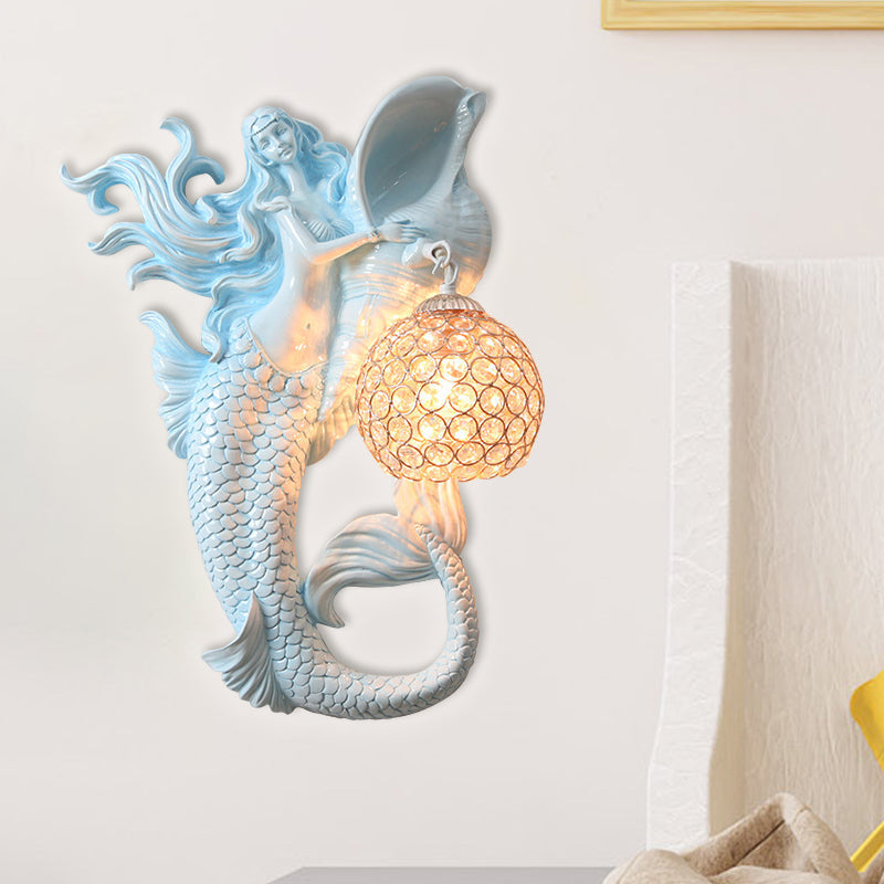 Farmhouse Sconce Light With Clear Beveled Crystal And Mermaid Design In Blue/Gold - Wall Mounted