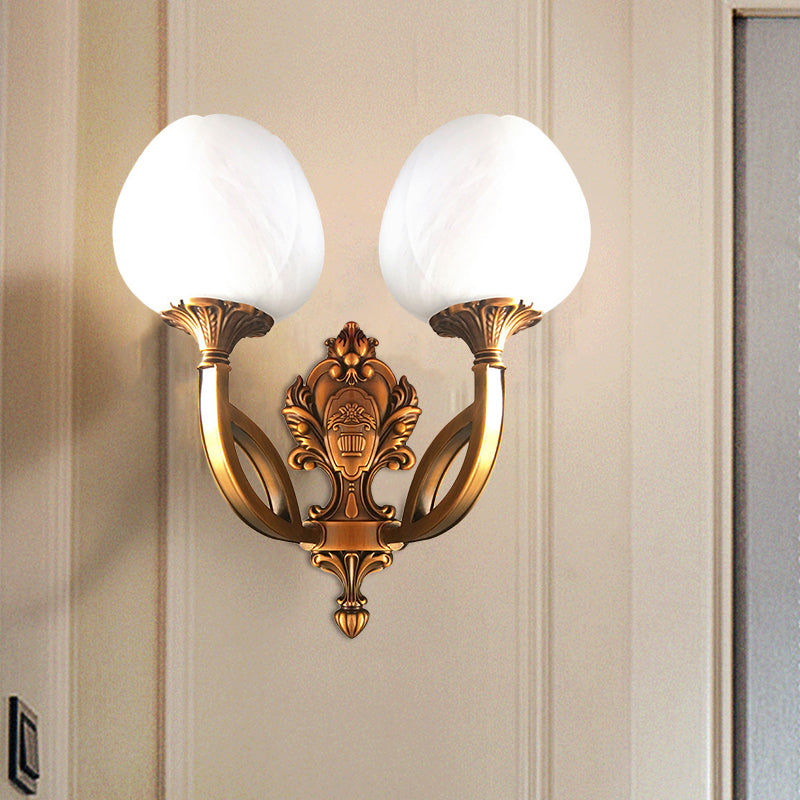 Tulip White Glass Wall Sconce - 1/2-Bulb Living Room Lighting Fixture 2 / Brass