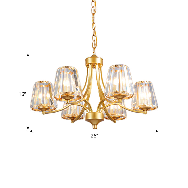 Minimalistic 6-Light Gold Pendant Chandelier With Conic Crystal Prisms & Curvy Arm