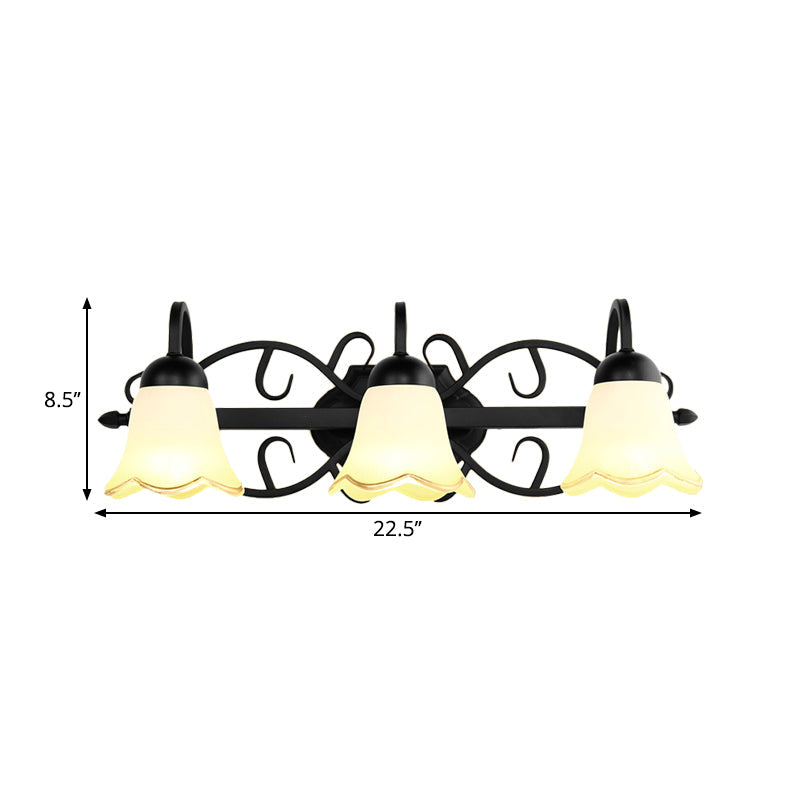 Traditional Frosted Glass Wall Sconce With Gooseneck Arm - Flower Bathroom Lighting Black 2/3-Head