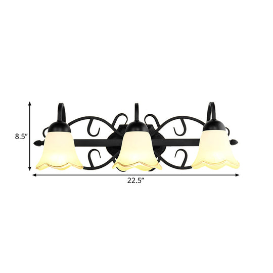 Traditional Frosted Glass Wall Sconce With Gooseneck Arm - Flower Bathroom Lighting Black 2/3-Head