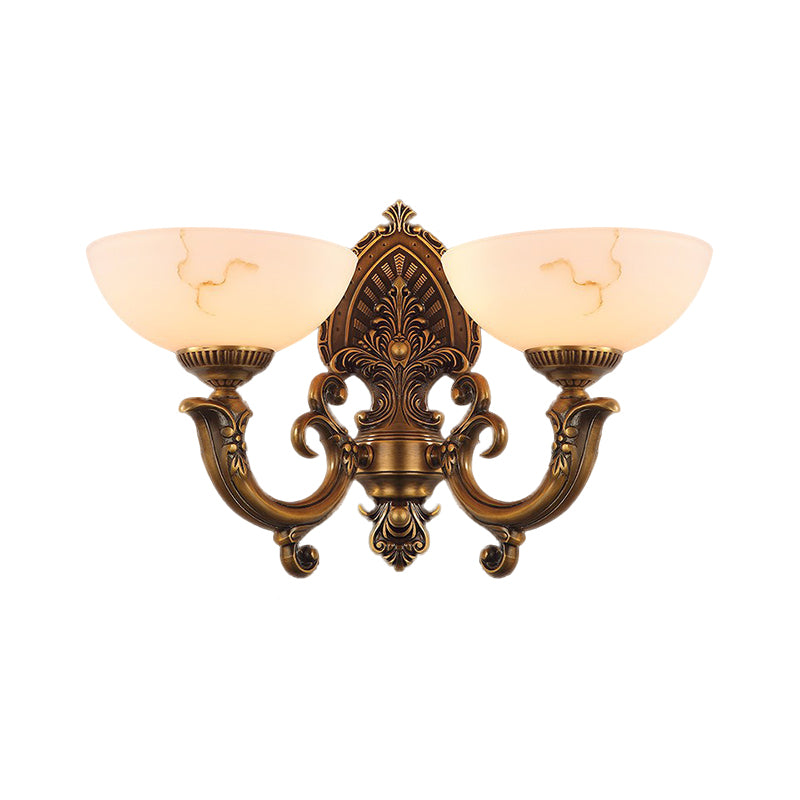 Rustic Brass Finish Glass Wall Lamp With Swirled Arm - 2 Heads Bowl Mount Lighting