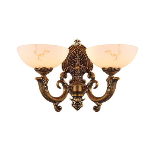 Rustic Brass Finish Glass Wall Lamp With Swirled Arm - 2 Heads Bowl Mount Lighting