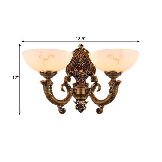 Rustic Brass Finish Glass Wall Lamp With Swirled Arm - 2 Heads Bowl Mount Lighting