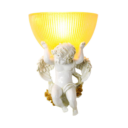 Vintage Silver/White/Beige Resin Angel Wall Lamp With Amber Fluted Glass Shade
