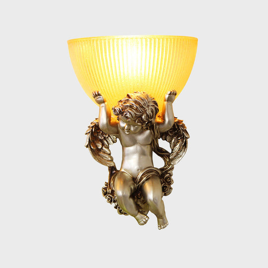 Vintage Silver/White/Beige Resin Angel Wall Lamp With Amber Fluted Glass Shade