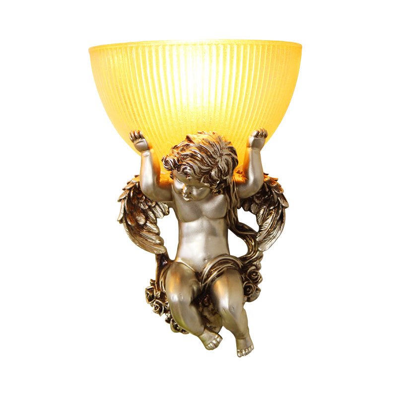 Vintage Silver/White/Beige Resin Angel Wall Lamp With Amber Fluted Glass Shade