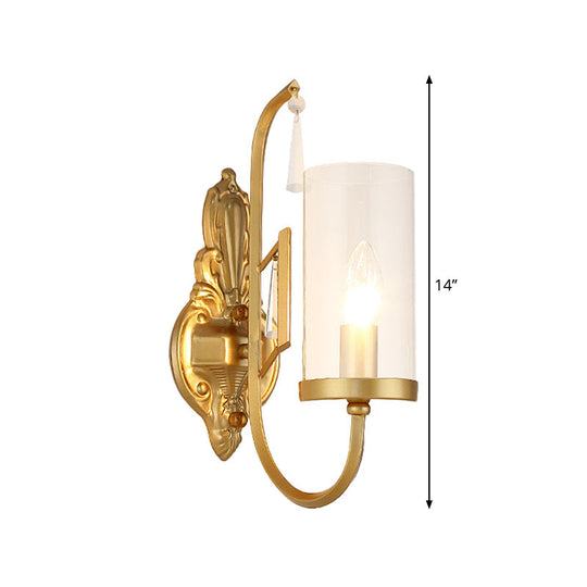 Country Clear Glass Wall Sconce With Curved Arm - Gold Cylinder Surface Lighting For Living Room