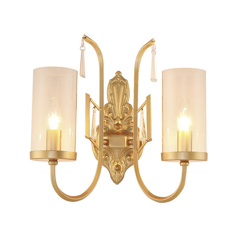 Country Clear Glass Wall Sconce With Curved Arm - Gold Cylinder Surface Lighting For Living Room