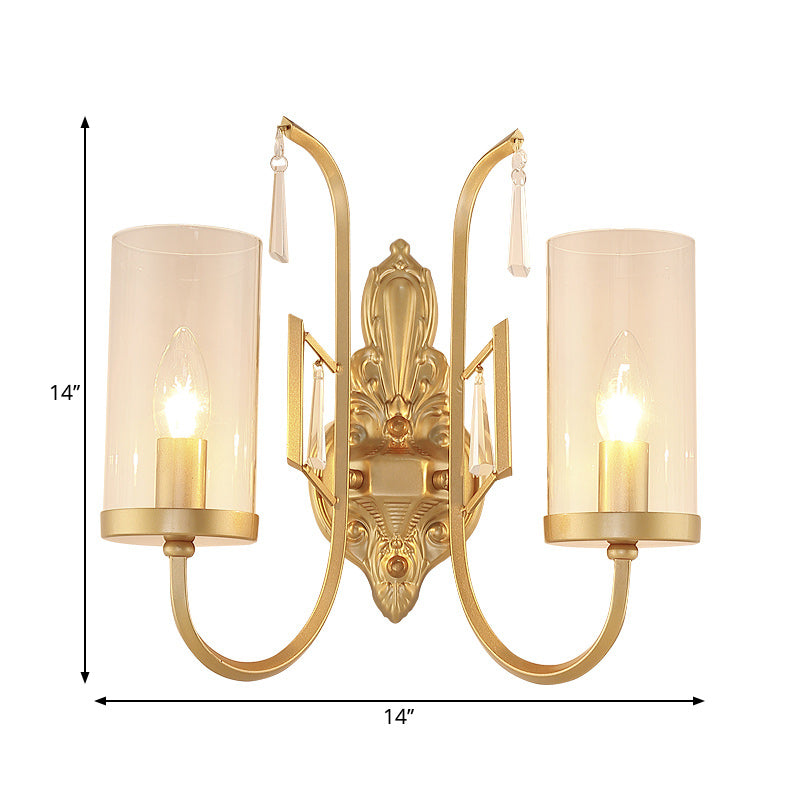Country Clear Glass Wall Sconce With Curved Arm - Gold Cylinder Surface Lighting For Living Room