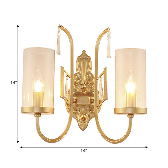 Country Clear Glass Wall Sconce With Curved Arm - Gold Cylinder Surface Lighting For Living Room
