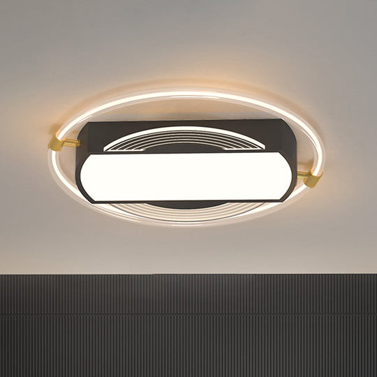Modern Black Led Flush Mount Light For Bedrooms - Rectangle And Ring Acrylic Design