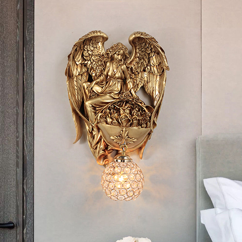 Classic Style Water Drop Crystal Wall Sconce With Angel And Blossom Design - Gold/Dark Gold Finish