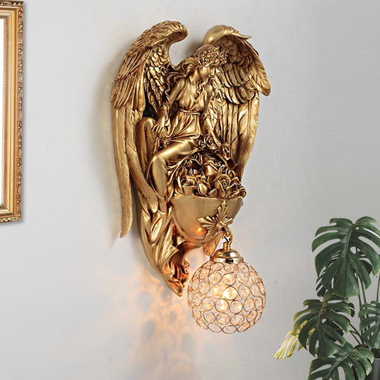 Classic Style Water Drop Crystal Wall Sconce With Angel And Blossom Design - Gold/Dark Gold Finish