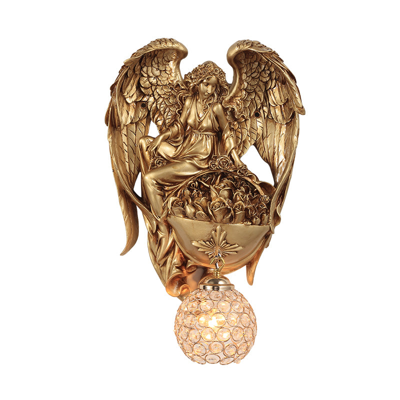 Classic Style Water Drop Crystal Wall Sconce With Angel And Blossom Design - Gold/Dark Gold Finish