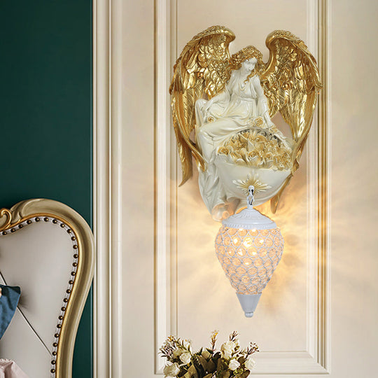 Classic Style Water Drop Crystal Wall Sconce With Angel And Blossom Design - Gold/Dark Gold Finish /