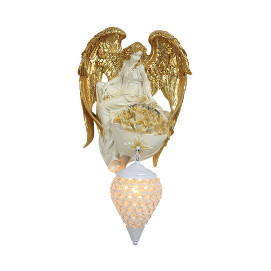 Classic Style Water Drop Crystal Wall Sconce With Angel And Blossom Design - Gold/Dark Gold Finish