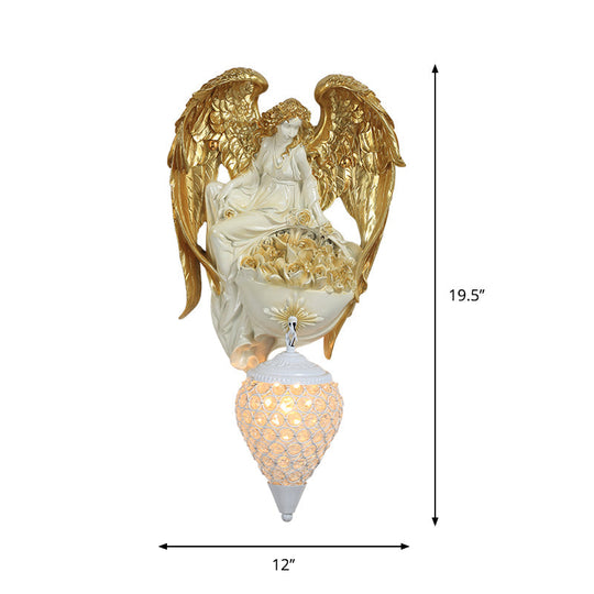 Classic Style Water Drop Crystal Wall Sconce With Angel And Blossom Design - Gold/Dark Gold Finish