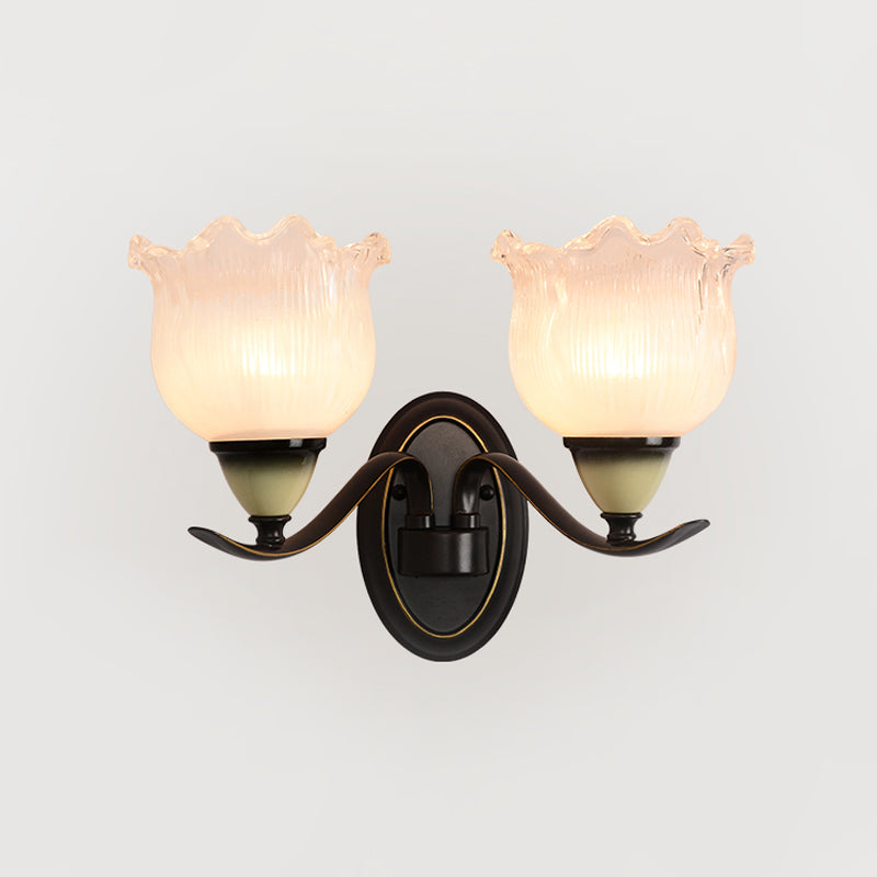 Vintage Blossom Sconce Lamp - Opal Ribbed Glass Wall Lighting In Black