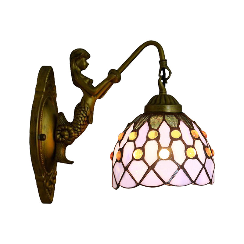 Vintage Stained Glass Dome Wall Mount Mini Sconce Light In Brass