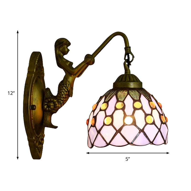 Vintage Stained Glass Dome Wall Mount Mini Sconce Light In Brass
