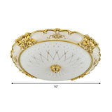 Vintage Frosted Glass Led Circular Dining Room Flush Light With Etching Flower Trim - Gold Ceiling