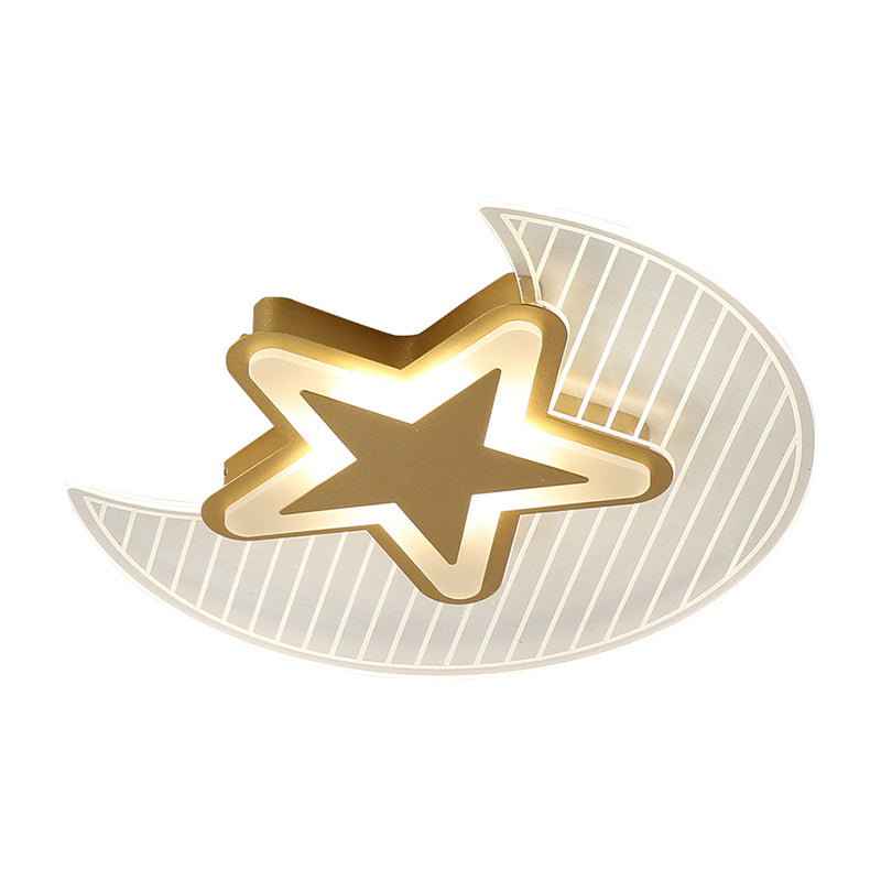 Cartoon Led Gold Flush Mount Ceiling Light With Acrylic Crescent And Star Design - Warm/White