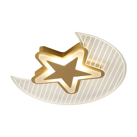 Cartoon Led Gold Flush Mount Ceiling Light With Acrylic Crescent And Star Design - Warm/White