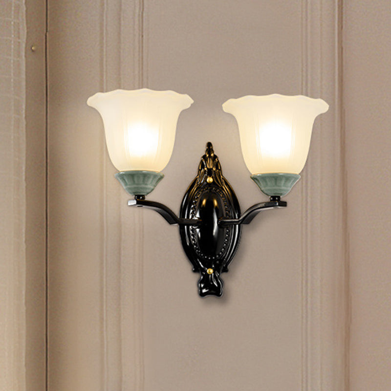 Retro Style Bedroom Wall Mount Lighting - 1/2-Light Sconce With Scalloped Bell Frosted Glass Shade