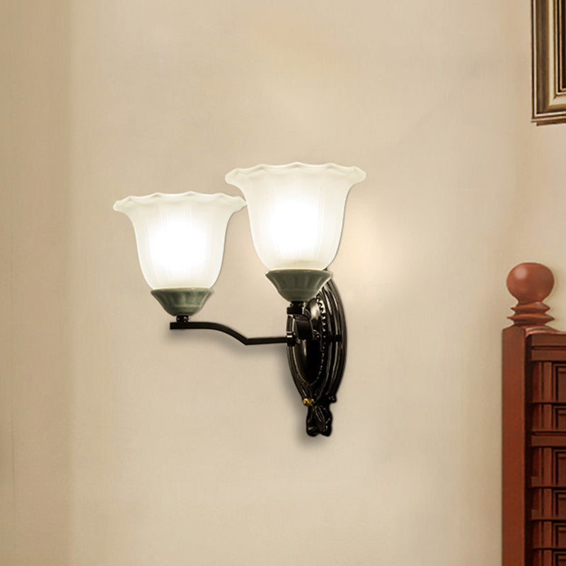 Retro Style Bedroom Wall Mount Lighting - 1/2-Light Sconce With Scalloped Bell Frosted Glass Shade