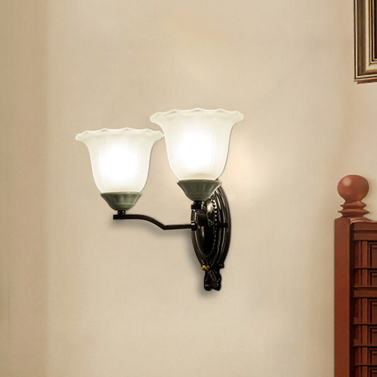Retro Style Bedroom Wall Mount Lighting - 1/2-Light Sconce With Scalloped Bell Frosted Glass Shade