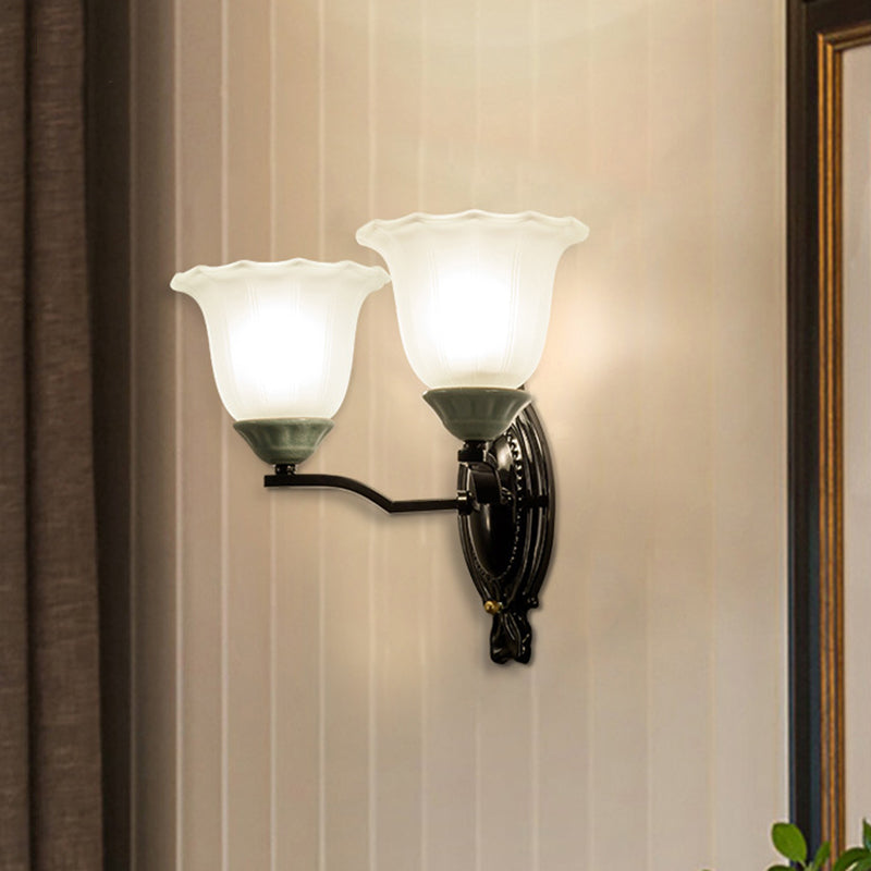 Retro Style Bedroom Wall Mount Lighting - 1/2-Light Sconce With Scalloped Bell Frosted Glass Shade