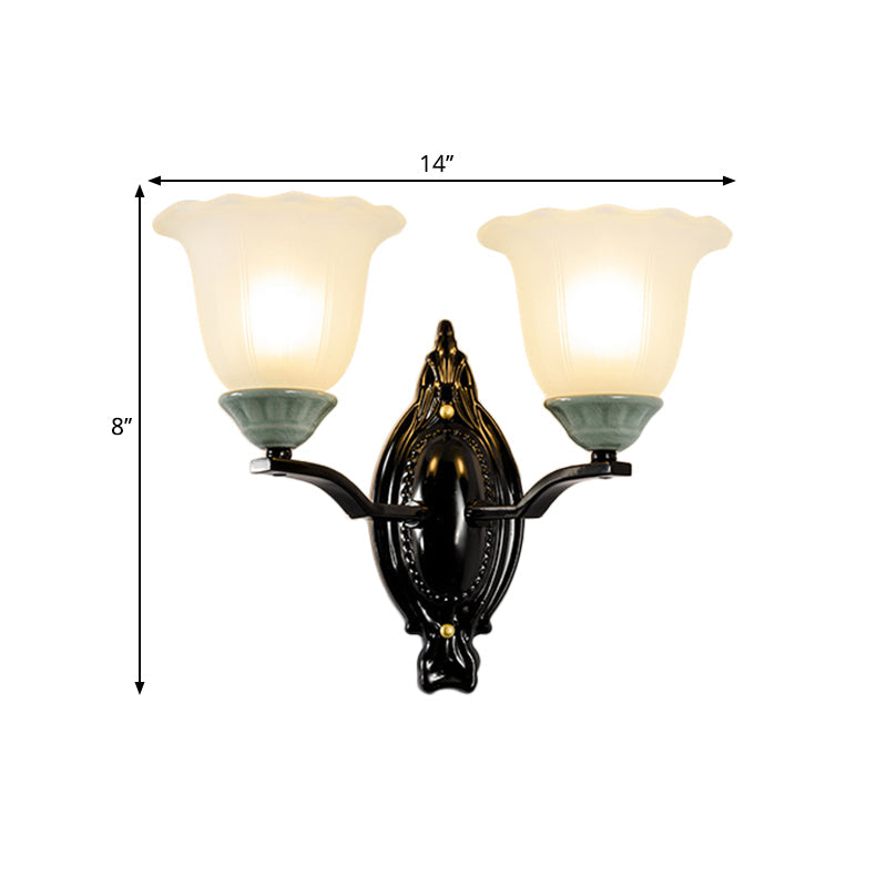 Retro Style Bedroom Wall Mount Lighting - 1/2-Light Sconce With Scalloped Bell Frosted Glass Shade
