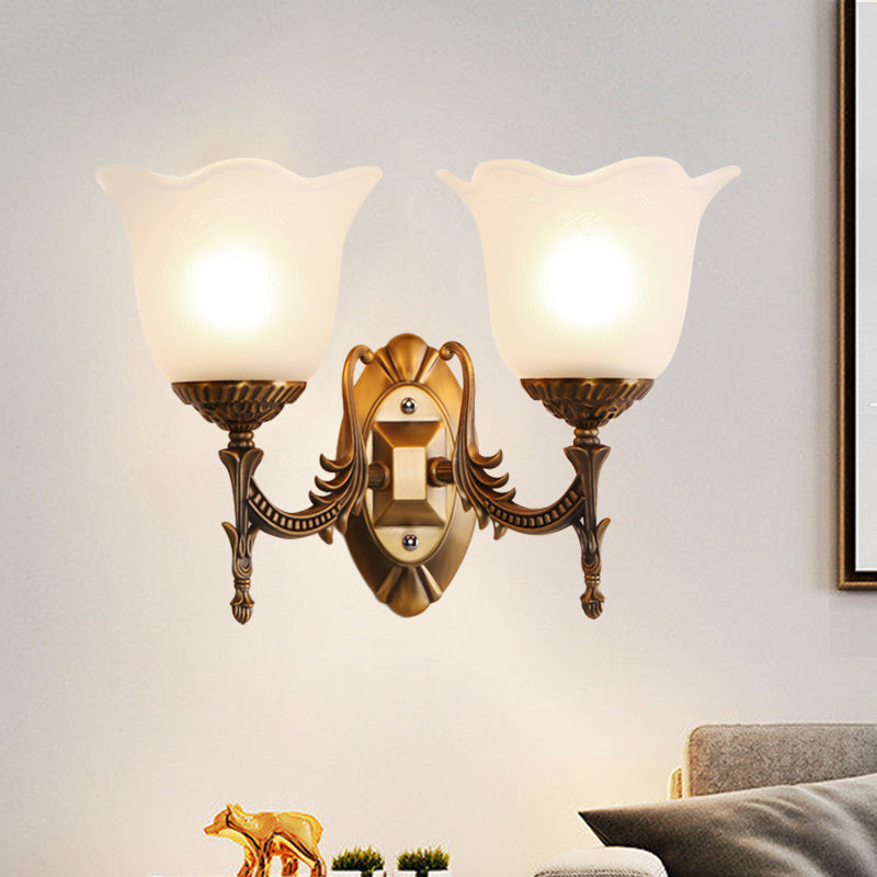 Rustic Scalloped Brass Bell Wall Light With Frosted Glass - Perfect For Living Rooms