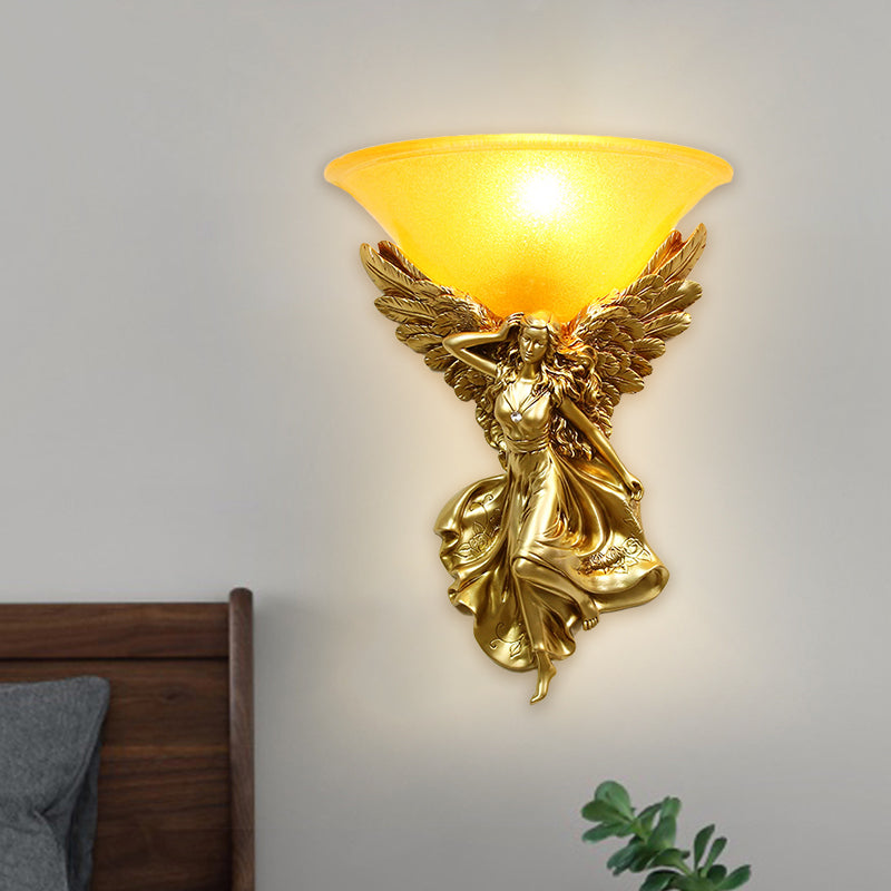 Traditional Frosted Glass Wall Sconce With Angel Backplate In White/Gold - 1 Bulb Gold / Right