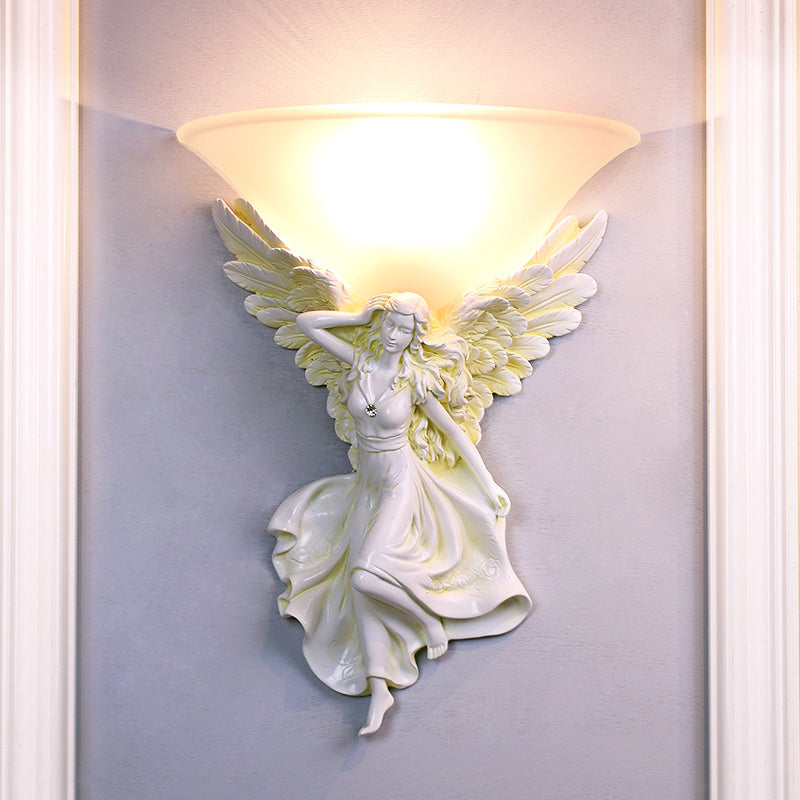 Traditional Frosted Glass Wall Sconce With Angel Backplate In White/Gold - 1 Bulb White / Right