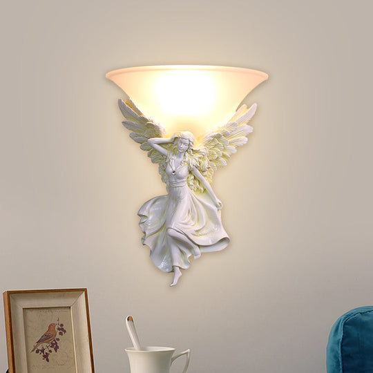 Traditional Frosted Glass Wall Sconce With Angel Backplate In White/Gold - 1 Bulb