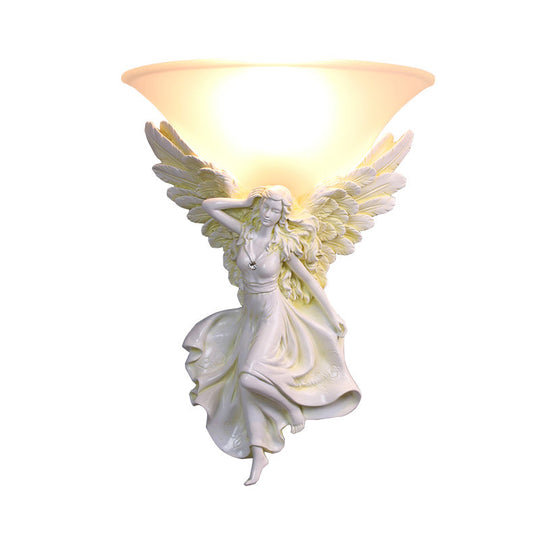 Traditional Frosted Glass Wall Sconce With Angel Backplate In White/Gold - 1 Bulb